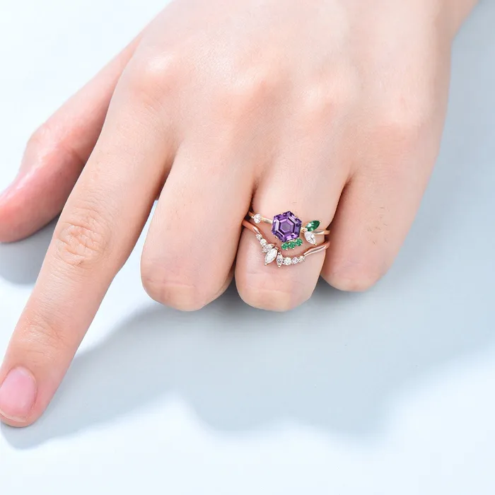 PENFINE 2pcs Vintage Amethyst ring set Hexagon amethyst engagement ring 14k rose gold February birthstone ring art deco moissanite wedding set women Rings