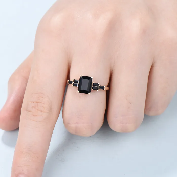 PENFINE Rings Natural Emerald Cut Black Onyx Engagement Ring Cluster Baguette Rose Gold Black Gemstone Wedding Ring Antique Anniversary Gift For Women PENFINE Rings Natural Emerald Cut Black Onyx Engagement Ring Cluster Baguette Rose Gold Black Gemstone Wedding Ring Antique Anniversary Gift For Women