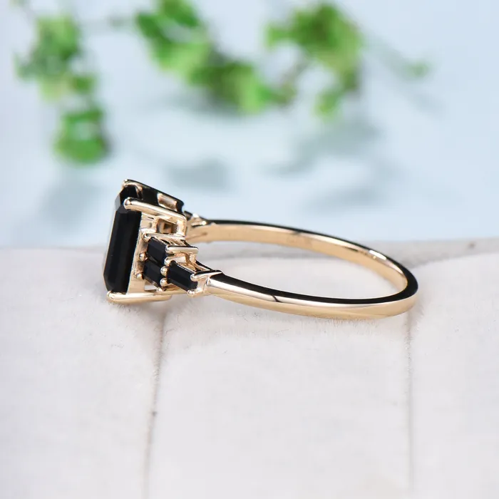 PENFINE Rings Natural Emerald Cut Black Onyx Engagement Ring Cluster Baguette Rose Gold Black Gemstone Wedding Ring Antique Anniversary Gift For Women PENFINE Rings Natural Emerald Cut Black Onyx Engagement Ring Cluster Baguette Rose Gold Black Gemstone Wedding Ring Antique Anniversary Gift For Women