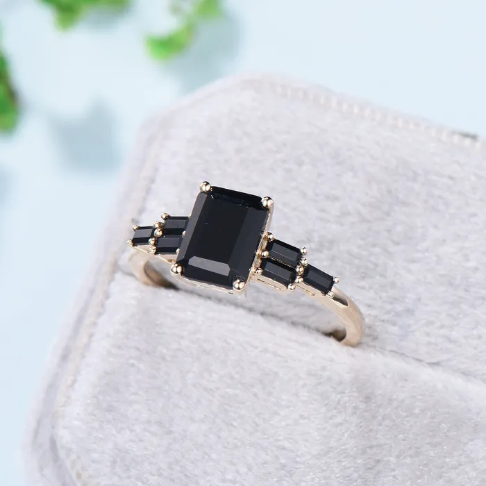 PENFINE Rings Natural Emerald Cut Black Onyx Engagement Ring Cluster Baguette Rose Gold Black Gemstone Wedding Ring Antique Anniversary Gift For Women PENFINE Rings Natural Emerald Cut Black Onyx Engagement Ring Cluster Baguette Rose Gold Black Gemstone Wedding Ring Antique Anniversary Gift For Women