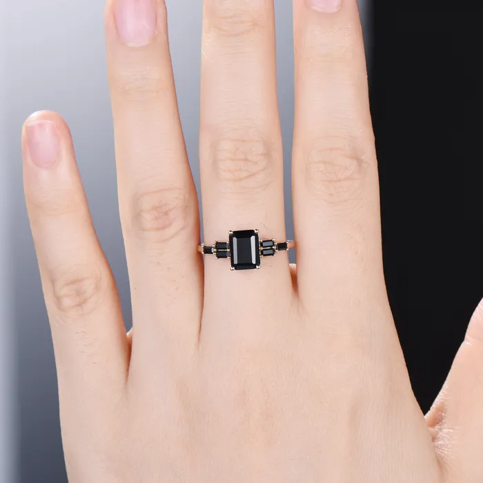 PENFINE Rings Natural Emerald Cut Black Onyx Engagement Ring Cluster Baguette Rose Gold Black Gemstone Wedding Ring Antique Anniversary Gift For Women PENFINE Rings Natural Emerald Cut Black Onyx Engagement Ring Cluster Baguette Rose Gold Black Gemstone Wedding Ring Antique Anniversary Gift For Women