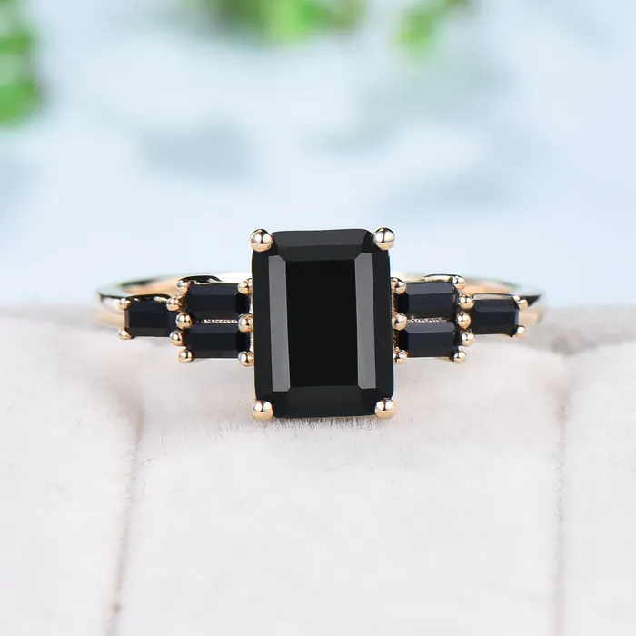 PENFINE Rings Natural Emerald Cut Black Onyx Engagement Ring Cluster Baguette Rose Gold Black Gemstone Wedding Ring Antique Anniversary Gift For Women PENFINE Rings Natural Emerald Cut Black Onyx Engagement Ring Cluster Baguette Rose Gold Black Gemstone Wedding Ring Antique Anniversary Gift For Women