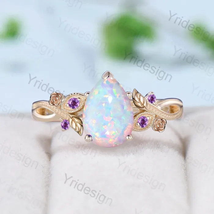 PENFINE Rings Nature Inspired White Opal Engagement Ring Vintage Flower Leaves Twig Purple Amethyst Wedding Ring Unique Art Deco Branch Promise Ring Women