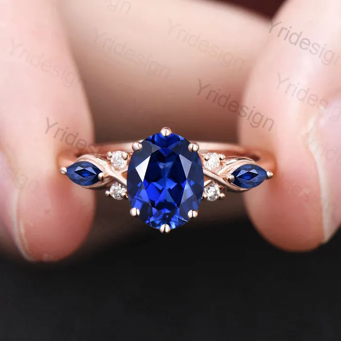 PENFINE Rings Vintage oval sapphire engagement ring 14k white gold twisted unique blue sapphire wedding ring set art deco anniversary ring gift bridal set