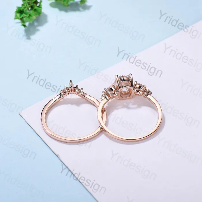 PENFINE Vintage Moissanite engagement ring set unique solid gold oval moissanite engagement ring women crown wedding band Bridal Promise ring Women Rings