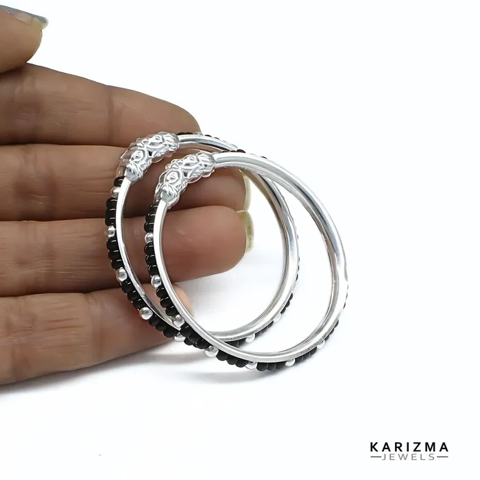 Real Silver cultural design Black Beads Nazariya kids Bangles Bracelet Pair Karizma Jewels Bracelets