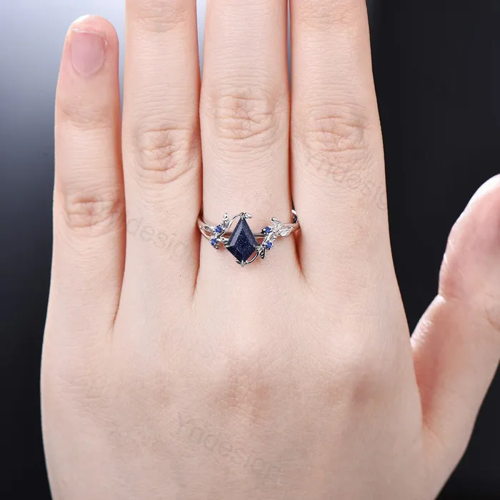 Rings Vintage Blue Sandstone Ring Kite Shaped Galaxy Star Leaves Twig Engagement Ring Leaf branch sapphire Wedding Ring for Women Anniversary Ring PENFINE