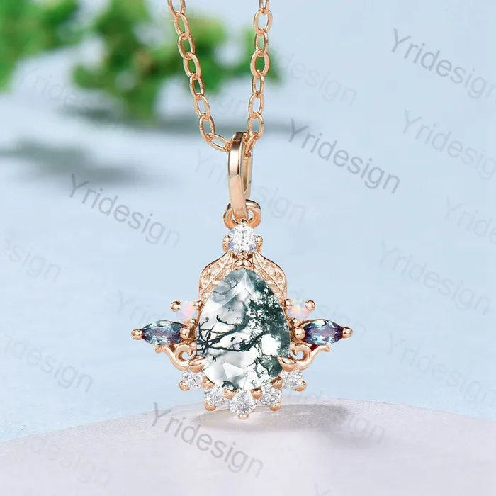 Unique Pear Shaped Moss Agate Pendant Necklace Vintage Alternative Alexandrite Opal Necklace For Women Nature Inspired Leaves Pendant PENFINE Necklaces Unique Pear Shaped Moss Agate Pendant Necklace Vintage Alternative Alexandrite Opal Necklace For Women Nature Inspired Leaves Pendant PENFINE Necklaces