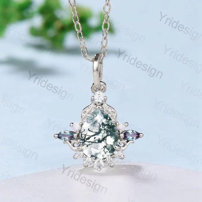 Unique Pear Shaped Moss Agate Pendant Necklace Vintage Alternative Alexandrite Opal Necklace For Women Nature Inspired Leaves Pendant PENFINE Necklaces Unique Pear Shaped Moss Agate Pendant Necklace Vintage Alternative Alexandrite Opal Necklace For Women Nature Inspired Leaves Pendant PENFINE Necklaces