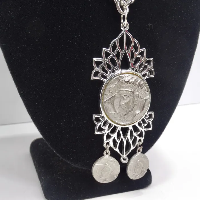 Vintage by Misty Silver Plated Roman Coin Medallion Pendant Necklace Necklaces