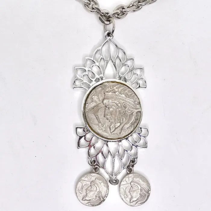 Vintage by Misty Silver Plated Roman Coin Medallion Pendant Necklace Necklaces