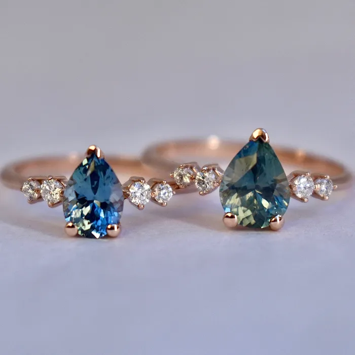 AlbrechtJewellery Rings Pear Shaped Montana Sapphire Ring and Diamonds 14K Gold Teal Montana Sapphire Engagement RingTeal Blue Green Sapphire Engagement Ring