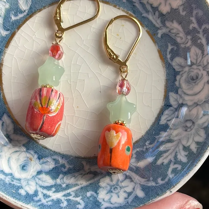 Earrings Vintage Paris Jewelry Hand Painted Flower Earrings Vintage Stars Gold Filled Handmade