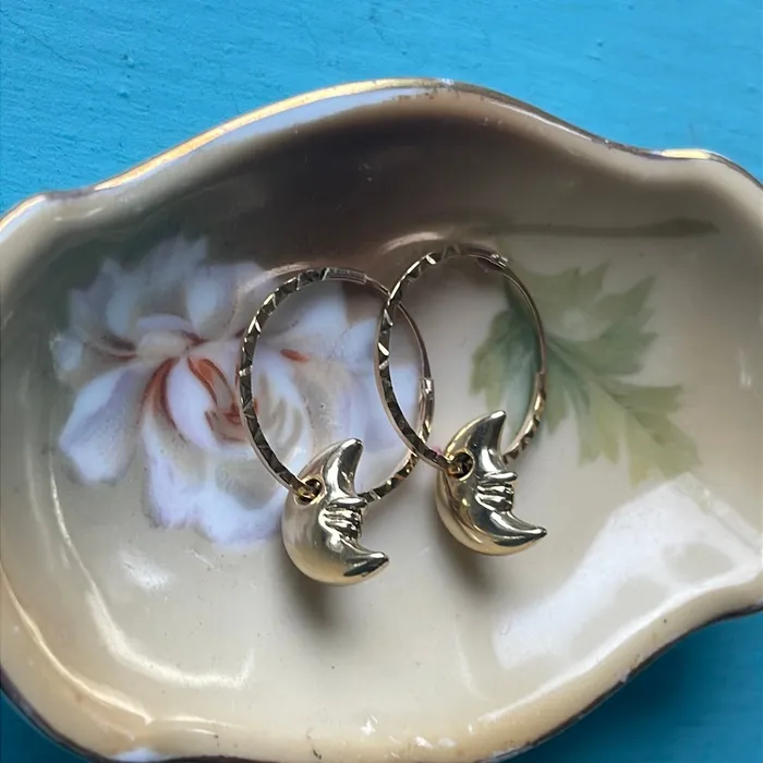 Moon Hoop Earrings 9k Textured Hoops 14k Moon Drops Vintage Vintage Paris Jewelry Earrings