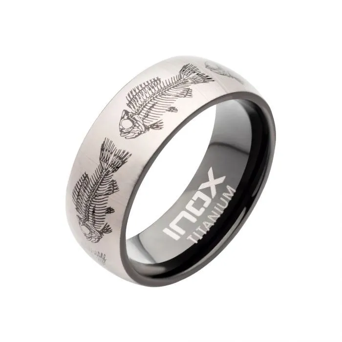 Rings Black and Silver Tone Titanium Fishbone Design Comfort Fit Ring INOX JEWELRY