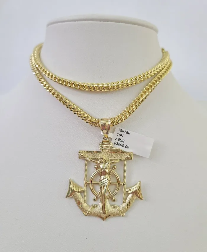 10K Franco Chain Jesus Anchor Pendant Charm Necklace 2028 4mm Yellow Gold SET Gold and Diamond Necklaces 10K Franco Chain Jesus Anchor Pendant Charm Necklace 2028 4mm Yellow Gold SET Gold and Diamond Necklaces