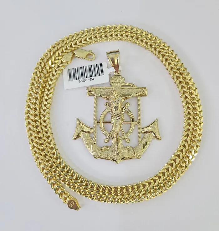 10K Franco Chain Jesus Anchor Pendant Charm Necklace 2028 4mm Yellow Gold SET Gold and Diamond Necklaces