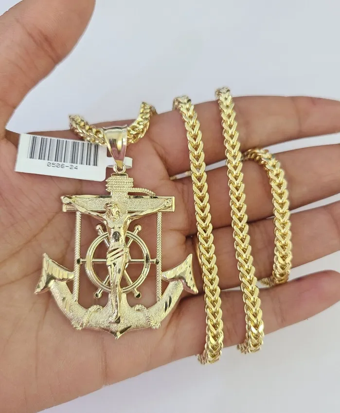 10K Franco Chain Jesus Anchor Pendant Charm Necklace 2028 4mm Yellow Gold SET Gold and Diamond Necklaces