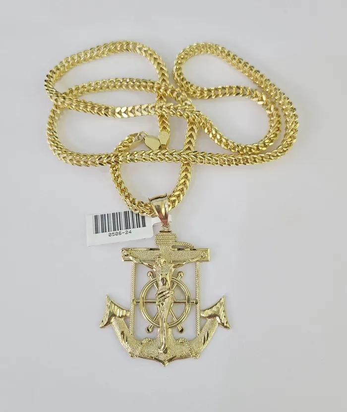 10K Franco Chain Jesus Anchor Pendant Charm Necklace 2028 4mm Yellow Gold SET Gold and Diamond Necklaces