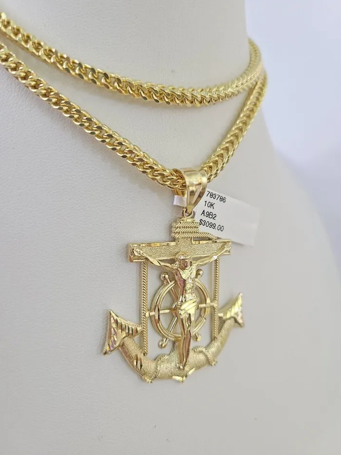 10K Franco Chain Jesus Anchor Pendant Charm Necklace 2028 4mm Yellow Gold SET Gold and Diamond Necklaces