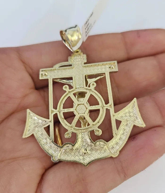 10K Franco Chain Jesus Anchor Pendant Charm Necklace 2028 4mm Yellow Gold SET Gold and Diamond Necklaces