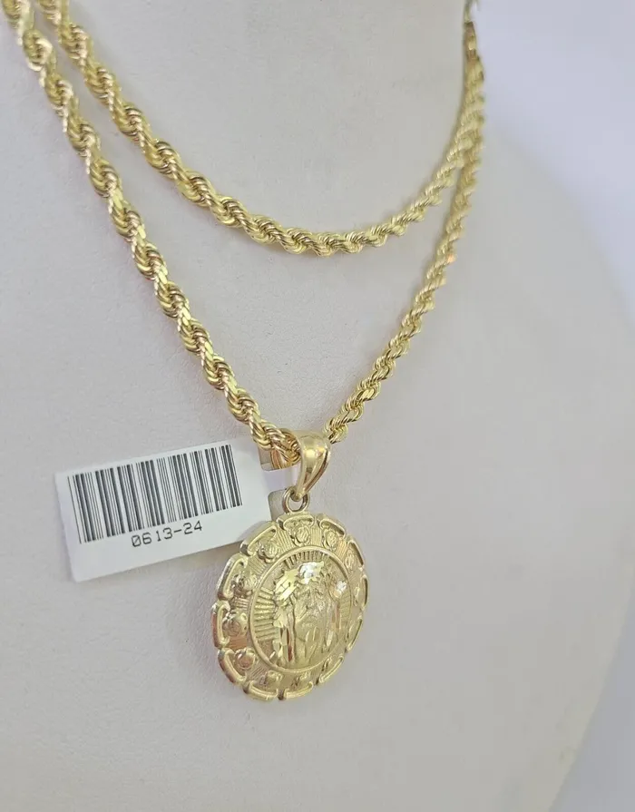 10k Solid Rope Chain 3mm Jesus Virgin Mary Pendant Two Side Necklace 1828 in Gold and Diamond Necklaces