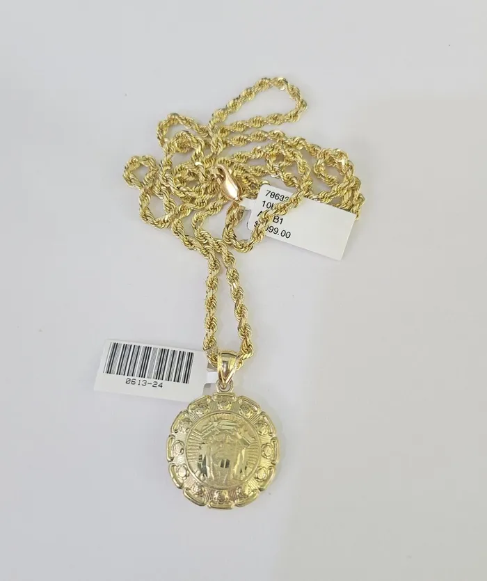10k Solid Rope Chain 3mm Jesus Virgin Mary Pendant Two Side Necklace 1828 in Gold and Diamond Necklaces