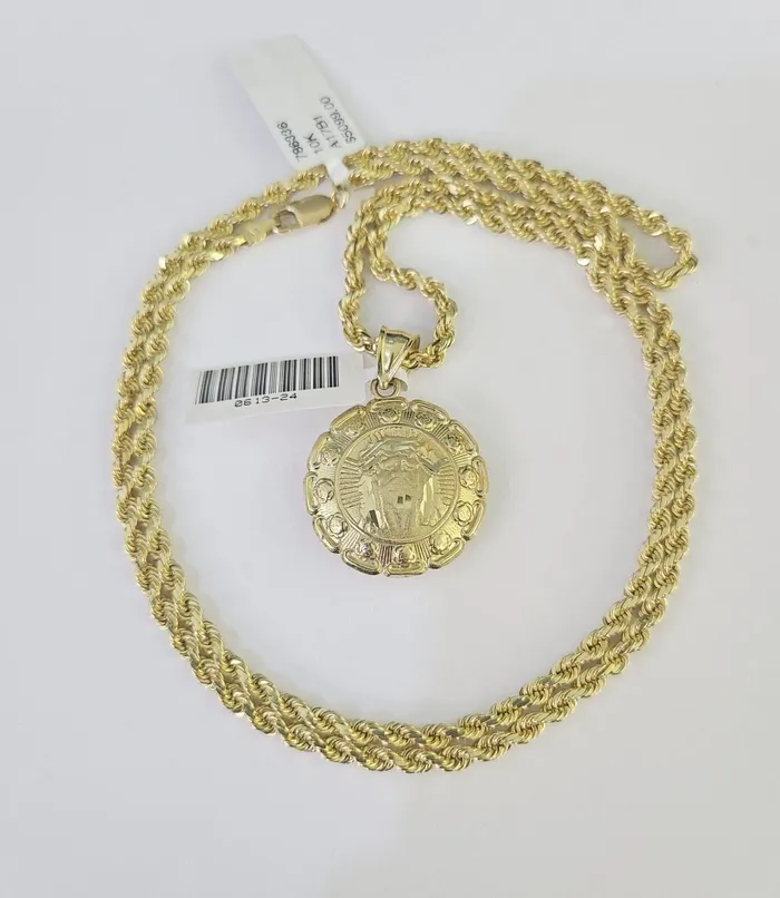 10k Solid Rope Chain 3mm Jesus Virgin Mary Pendant Two Side Necklace 1828 in Gold and Diamond Necklaces