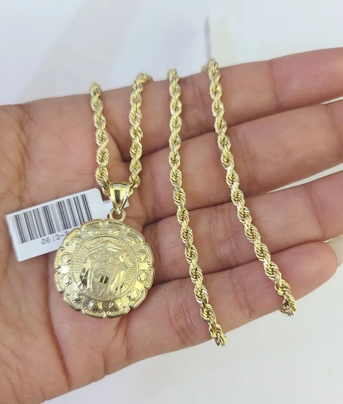 10k Solid Rope Chain 3mm Jesus Virgin Mary Pendant Two Side Necklace 1828 in Gold and Diamond Necklaces