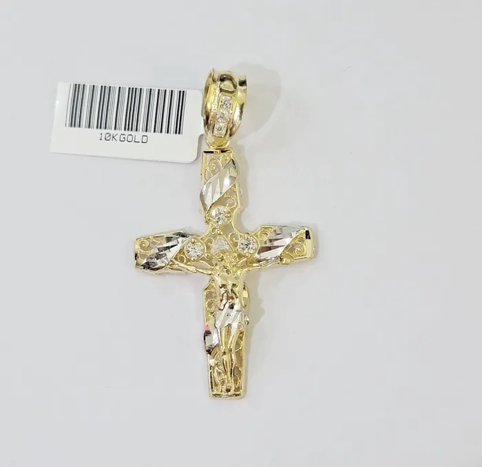 10k Yellow Gold Jesus Cross Spiral Charm pendant Diamond Cut Crucifix Globalwatches10 Necklaces