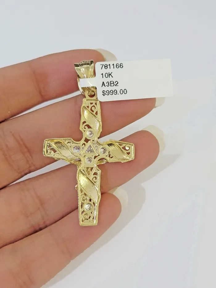 10k Yellow Gold Jesus Cross Spiral Charm pendant Diamond Cut Crucifix Globalwatches10 Necklaces