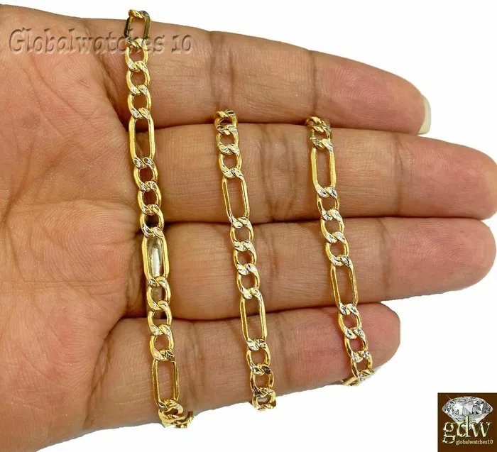 10k Yellow Gold men Figaro Chain necklace 4mm Diamond Cut 26 Cuban globalwatches10 Necklaces