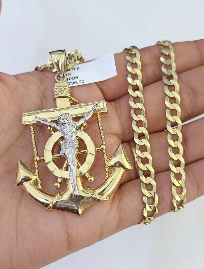 14k Gold Chain Jesus Anchor Charm Solid Cuban Curb 5mm 2026 Inch SET Necklace Gold and Diamond Necklaces 14k Gold Chain Jesus Anchor Charm Solid Cuban Curb 5mm 2026 Inch SET Necklace Gold and Diamond Necklaces