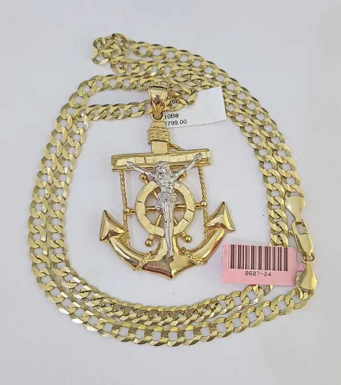 14k Gold Chain Jesus Anchor Charm Solid Cuban Curb 5mm 2026 Inch SET Necklace Gold and Diamond Necklaces