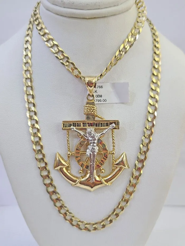 14k Gold Chain Jesus Anchor Charm Solid Cuban Curb 5mm 2026 Inch SET Necklace Gold and Diamond Necklaces