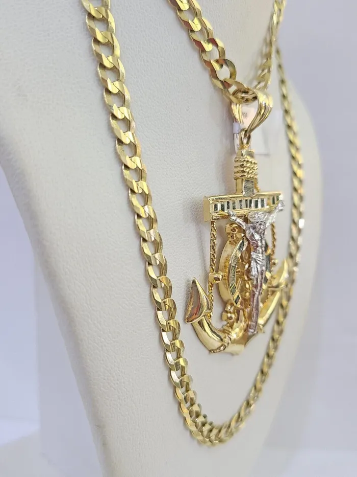 14k Gold Chain Jesus Anchor Charm Solid Cuban Curb 5mm 2026 Inch SET Necklace Gold and Diamond Necklaces