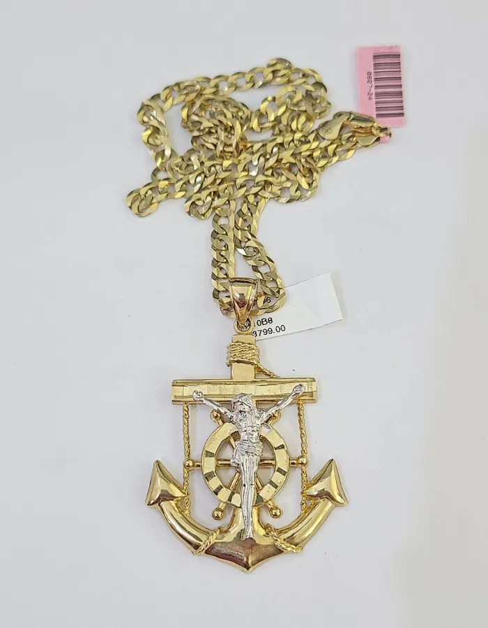 14k Gold Chain Jesus Anchor Charm Solid Cuban Curb 5mm 2026 Inch SET Necklace Gold and Diamond Necklaces