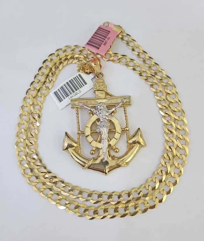 14k Gold Chain Jesus Anchor Charm Solid Cuban Curb 5mm 2028 SET Necklace Gold and Diamond Necklaces 14k Gold Chain Jesus Anchor Charm Solid Cuban Curb 5mm 2028 SET Necklace Gold and Diamond Necklaces