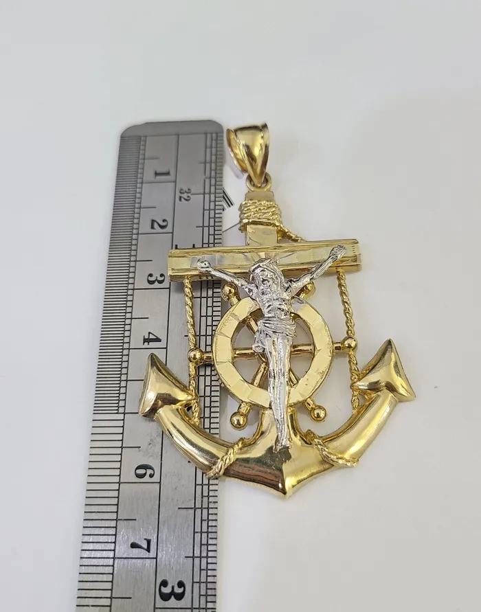 14k Gold Chain Jesus Anchor Charm Solid Cuban Curb 5mm 2028 SET Necklace Gold and Diamond Necklaces
