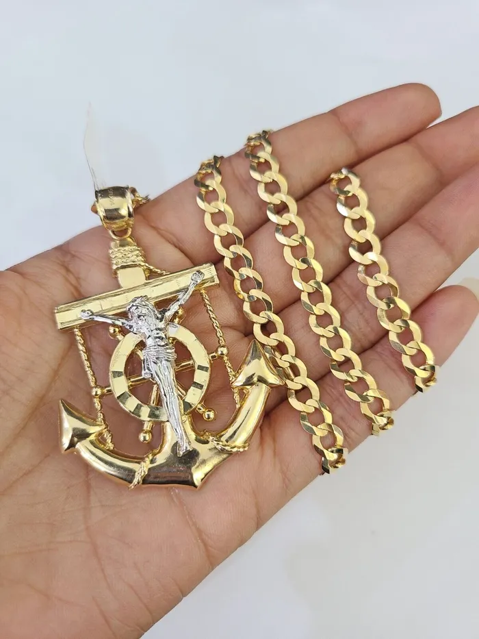 14k Gold Chain Jesus Anchor Charm Solid Cuban Curb 5mm 2028 SET Necklace Gold and Diamond Necklaces