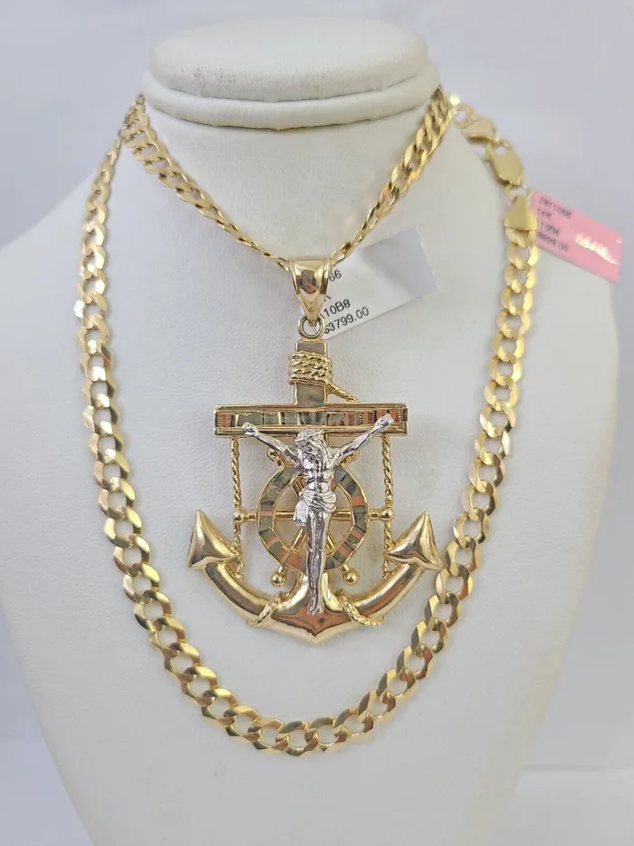 14k Gold Chain Jesus Anchor Charm Solid Cuban Curb 5mm 2028 SET Necklace Gold and Diamond Necklaces