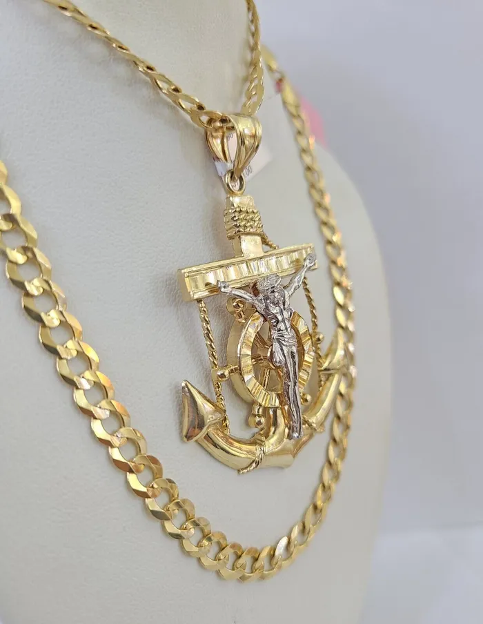 14k Gold Chain Jesus Anchor Charm Solid Cuban Curb 5mm 2028 SET Necklace Gold and Diamond Necklaces