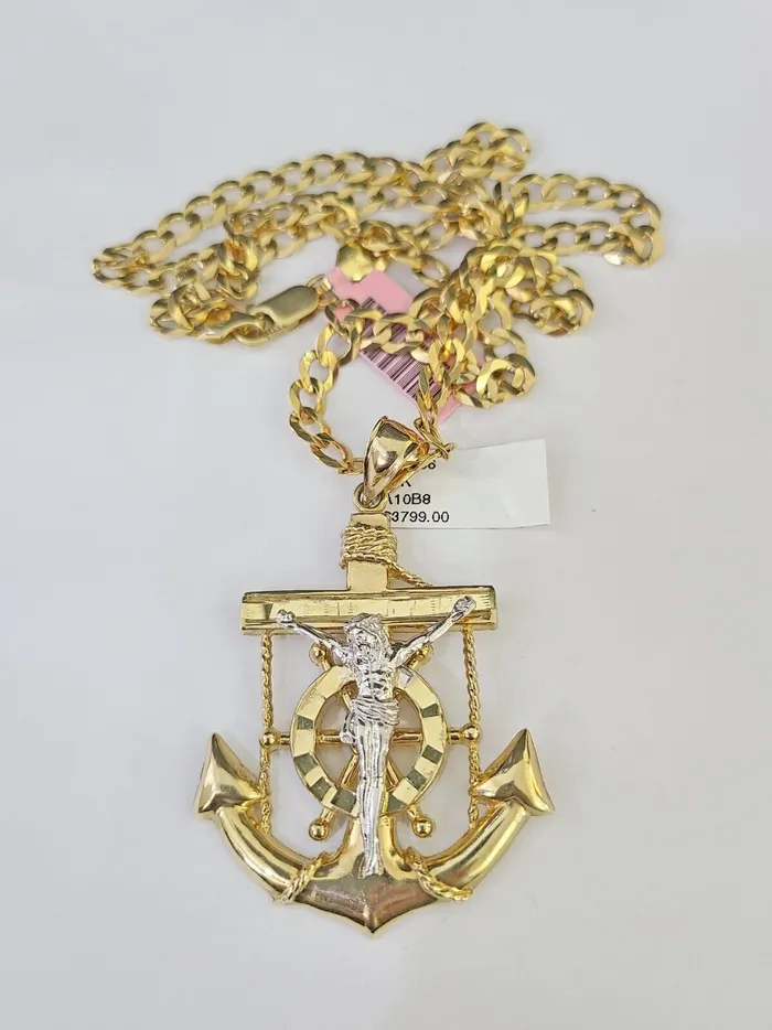 14k Gold Chain Jesus Anchor Charm Solid Cuban Curb 5mm 2028 SET Necklace Gold and Diamond Necklaces