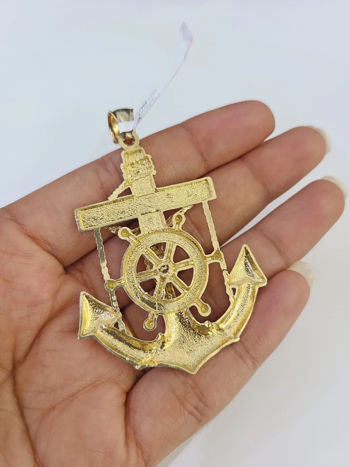 14k Gold Chain Jesus Anchor Charm Solid Cuban Curb 5mm 2028 SET Necklace Gold and Diamond Necklaces