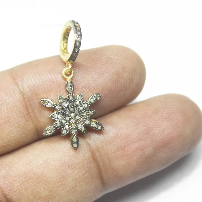 1pc Snowflake Pave Diamond 925 Sterling Silver Gold Vermeil Charm Pendant 28mm x 14mm Beads Supplies USA Necklaces