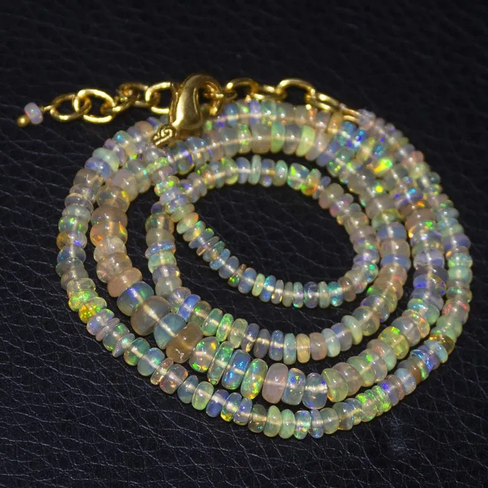 Beads Supplies USA Necklaces Natural Ethiopian Welo Opal Gold Plated Smooth Rondelle Necklace 5mm 3mm 19 Beads Supplies USA Necklaces Natural Ethiopian Welo Opal Gold Plated Smooth Rondelle Necklace 5mm 3mm 19