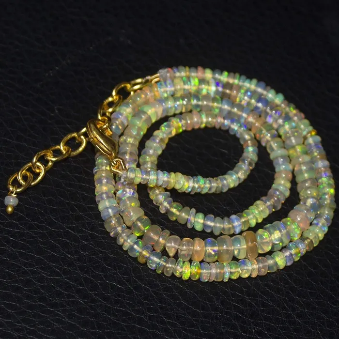 Beads Supplies USA Necklaces Natural Ethiopian Welo Opal Gold Plated Smooth Rondelle Necklace 5mm 3mm 19