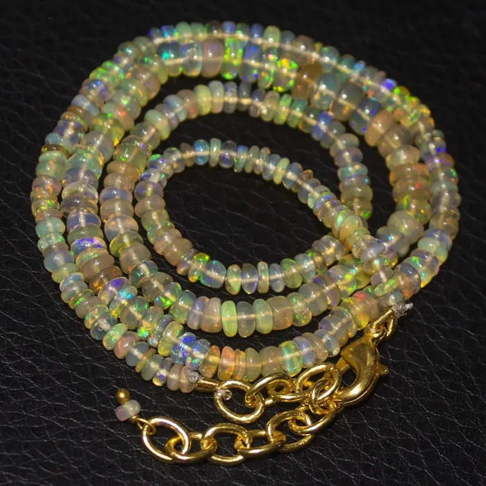 Beads Supplies USA Necklaces Natural Ethiopian Welo Opal Gold Plated Smooth Rondelle Necklace 5mm 3mm 19