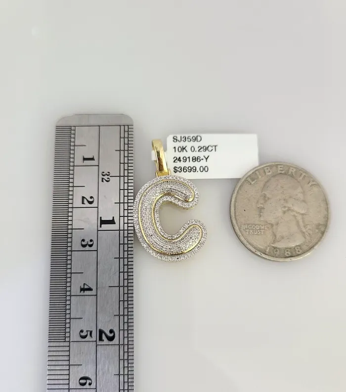Charm Necklaces Gold and Diamond 10K Solid Gold Miami Cuban Chain SET Diamond C Initial Charm 1826 25mm