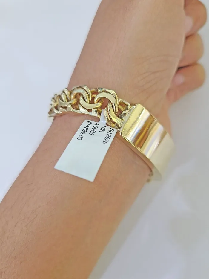 globalwatches10 Bracelets 10k Solid Yellow Gold Chino ID Bracelet Size 8 9mm Inches Box Lock Real 10kt